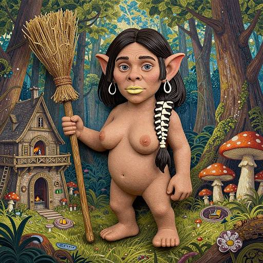 Digital illustration of a nude, elf-like woman with dark hair, yellow lips, and large ears holding a broom in a whimsical forest, near