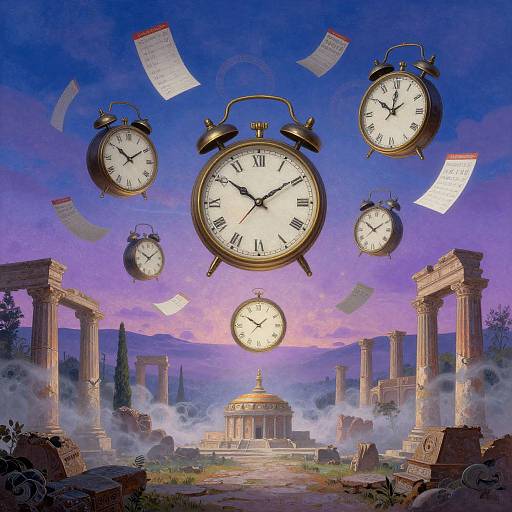 Photograph-style digital art: Floating antique clocks with Roman numerals above a misty, ancient ruin landscape under a purple, twilight sky.