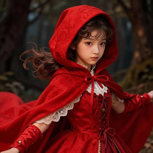 Digital painting of a young girl in a vibrant red hooded cloak and dress, resembling Little Red Riding Hood, with lace details, in a dark forest