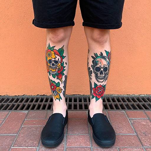 Photograph of a person's legs with vibrant tattoos on both calves: left leg features colorful skull with roses, right leg displays skull with blue glass and