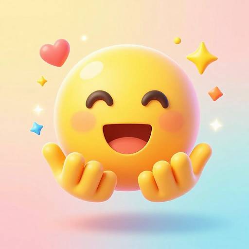 Bright, cheerful 3D emoji with yellow sphere body, closed eyes, wide open mouth, raised hands, heart, and stars against gradient pink-blue