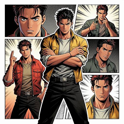 Digital comic-style illustration of a muscular, dark-haired man with intense expressions, wearing yellow and red jackets, white shirts, and black pants. Various close