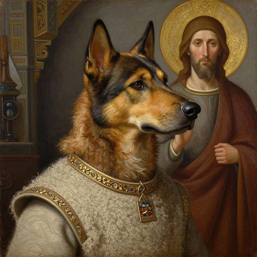 Digital painting of a regal German Shepherd in medieval attire, with a golden necklace, standing beside a bearded Jesus with a halo.