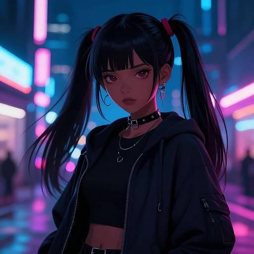 Digital anime-style drawing of a young woman with black pigtails, wearing a black choker, hoodie, and crop top, in a neon-l