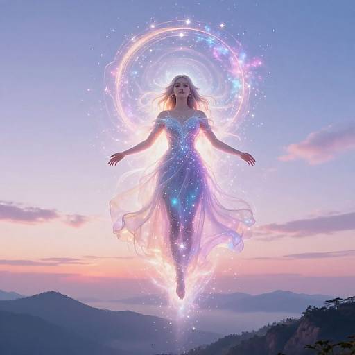 Photograph-like digital art of a glowing, ethereal woman in a flowing, iridescent dress, surrounded by magical, starry circles, floating