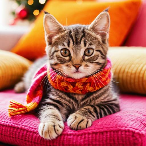Tabby Kitten in Red Scarf on Pink Cushion