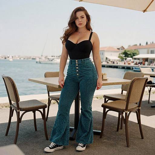 Photograph of a confident woman with long brown hair, wearing a black strapless top and high-waisted blue jeans, standing by a waterfront table