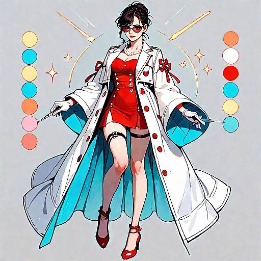 Digital anime-style illustration of a confident woman with black hair, red dress, white lab coat, and red heels, surrounded by color swatches and spark