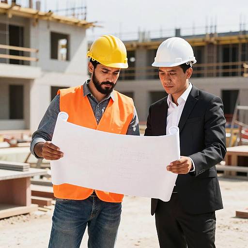 Photograph of a bearded male construction worker in an orange vest and yellow helmet, and a suited male architect in a white helmet, examining blueprints