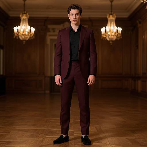 Photograph of a young man with curly brown hair, wearing a dark purple suit, black shirt, and black shoes, standing in an opulent,