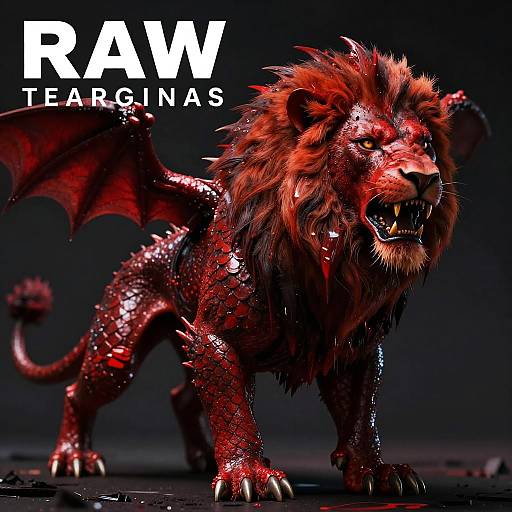 CGI image of a fierce, red, dragon-lion hybrid with bat wings and sharp claws, roaring against a black background. 