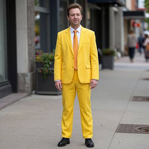 Man in Yellow Suit Standing on Sidewalk