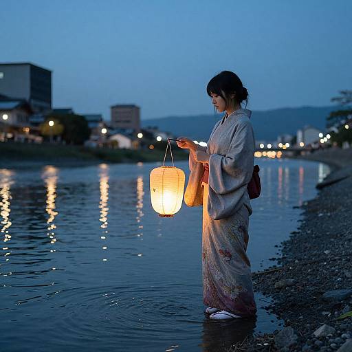 Photograph of a Japanese woman in a traditional kimono, holding a glowing paper lantern, standing in a tranquil evening river.