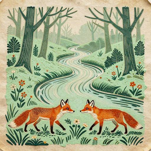 Woodcut Foxes in Misty Woodland