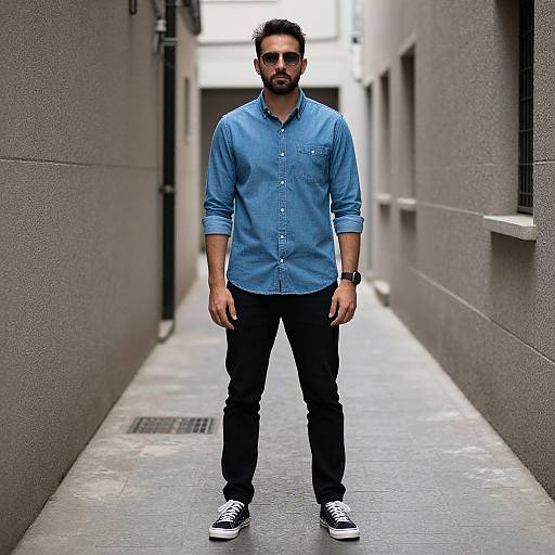 Photograph of a bearded man with dark hair, wearing a blue button-up shirt, black pants, and white sneakers, standing in a narrow,