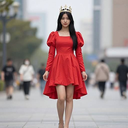 Photograph of an Asian woman with long black hair, wearing a red puffed-sleeve dress, gold crown, and high heels, walking on