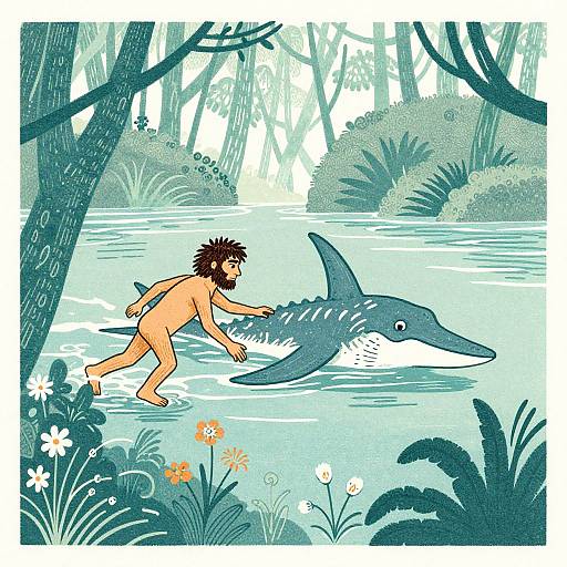 Cartoon illustration of a nude, brown-haired man with a beard swimming with a large shark in a lush, tropical forest river.