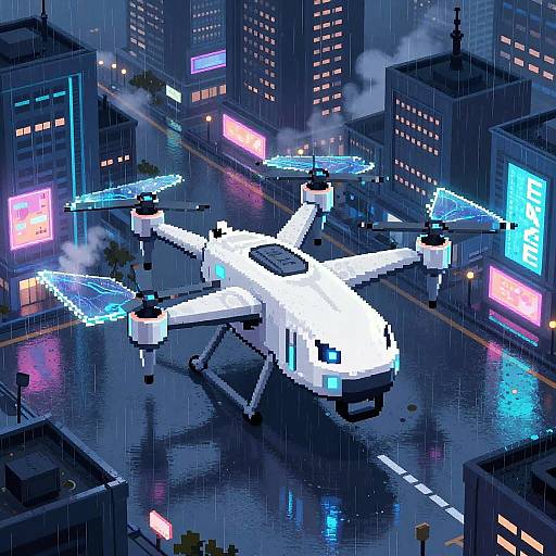 Pixel Anime Drone on Neon Rooftop