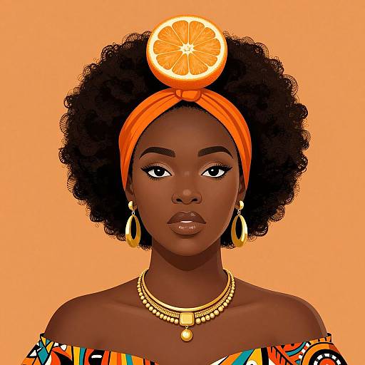 Digital illustration of a dark-skinned woman with an orange headband holding a slice of orange, wearing gold jewelry, and a colorful off-shoulder