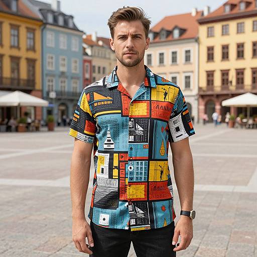 Confident Man in Bold Print Shirt