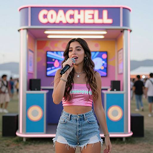 Photograph: Young woman with long brown hair, wearing pink crop top and frayed denim shorts, singing into microphone in front of 