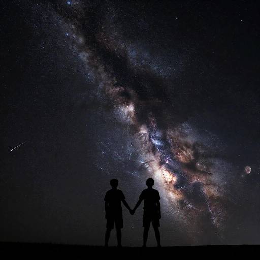 Boy Silhouettes Holding Hands Under Galaxy