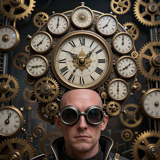 Photograph of bald man with round goggles, wearing a clock gear headdress, surrounded by multiple vintage clocks, dark background. Steampunk style.