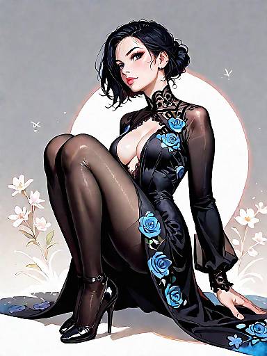 Elegant Woman in Black Lace Dress with Blue Floral Pattern