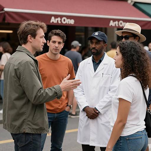 Vibrant Street Scene with Engaged Conversation