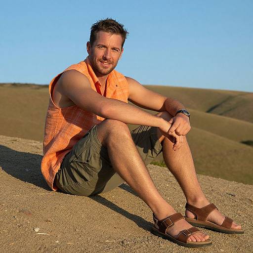 Photograph of a smiling, bearded man with short dark hair, wearing an orange sleeveless shirt, green shorts, and brown sandals, sitting on