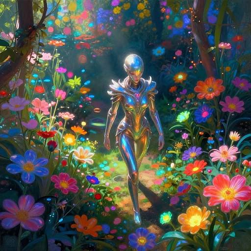 Digital artwork of a shiny, silver humanoid with glowing blue chest emblem, walking through a vibrant, colorful forest filled with blooming flowers.