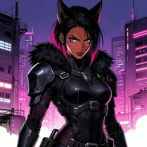Digital artwork of a fierce, dark-skinned woman with black cat ears, pink highlights, and glowing purple eyes, wearing black armored suit with fur collar