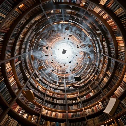 Photograph of a library's circular ceiling, featuring multiple concentric shelves of books, with light streaming from the central skylight, surrounded by scattered