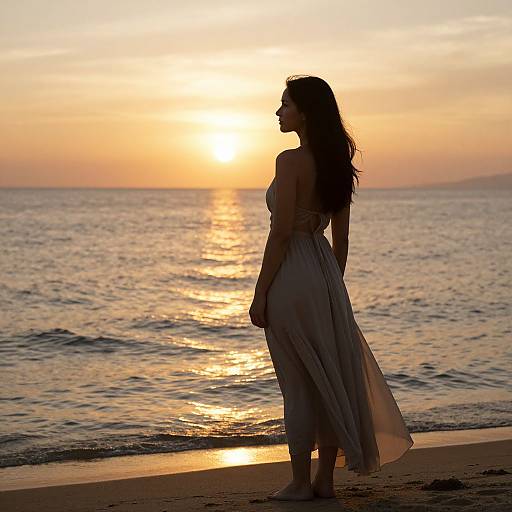 Silhouetted woman in flowing white dress stands by serene ocean at sunset, golden sun reflecting on calm water. Photograph.