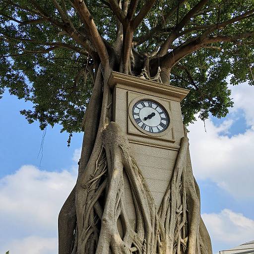 Photograph of a tall clock tree with a white clock face, surrounded by large, intricate tree roots, against a blue sky with white clouds.