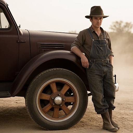 Photograph of a man in denim overalls, brown shirt, black hat, and boots, leaning against a vintage dark brown truck. Dusty background