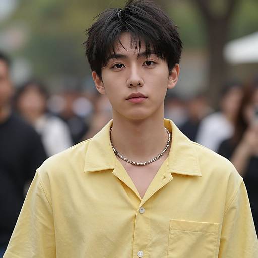 Photograph of an Asian male with short black hair, wearing a yellow button-up shirt and silver chain necklace, standing in a blurred outdoor crowd.