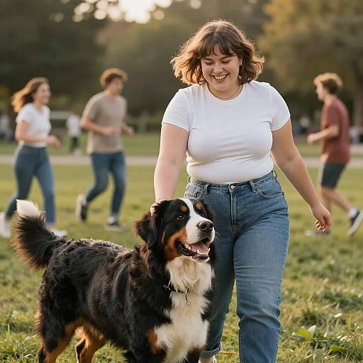 Woman with Bernese Mountain Dog in Park
