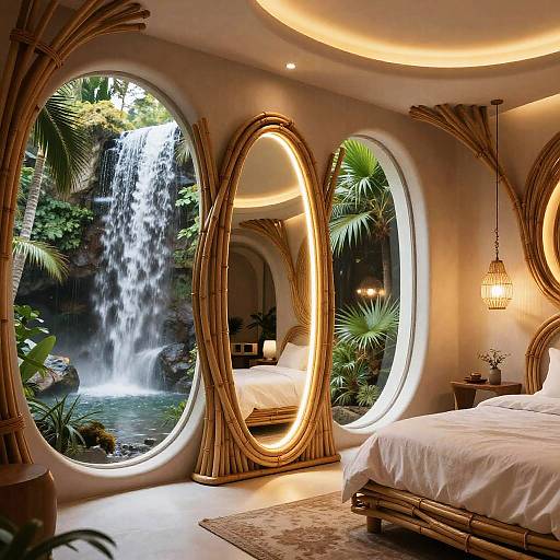 Photograph of a luxurious tropical bedroom featuring oval windows with illuminated bamboo frames, revealing a waterfall and lush greenery outside. Warm lighting, white bedding,