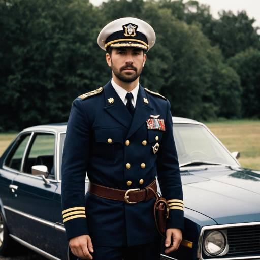 Male Navy Officer in Uniform Standing by Classic Car