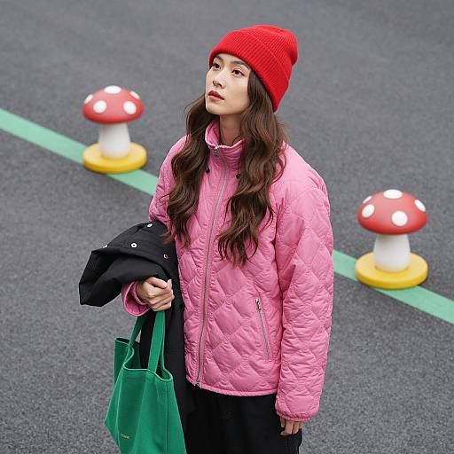 Woman in Pink Quilted Jacket and Red Beanie