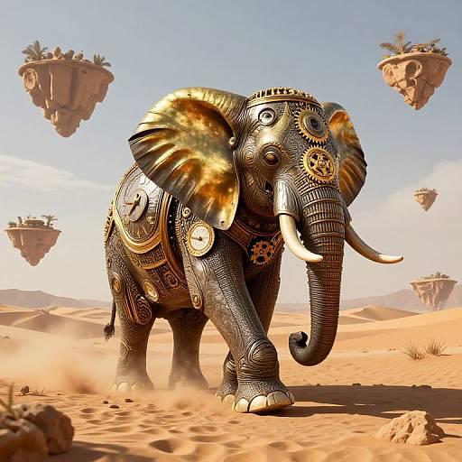 Digital art of a metallic, steampunk elephant with golden accents and gears, standing in a desert with floating, ancient-looking islands.