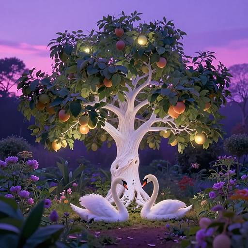 Photograph of a glowing white tree with illuminated lights, orange fruits, and two swans at its base, against a purple twilight sky in a vibrant