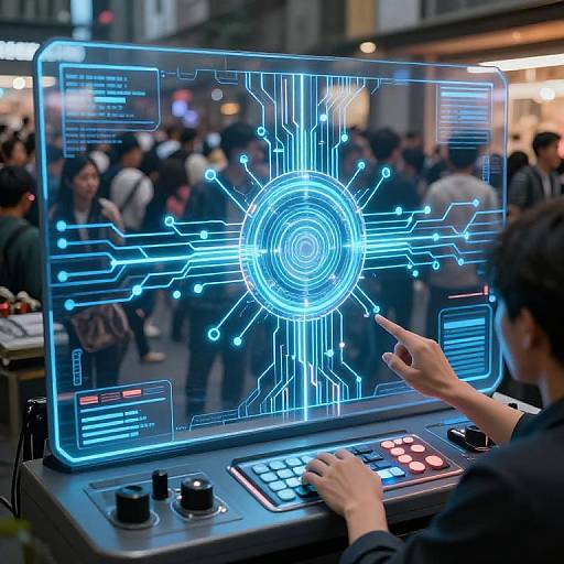 Photograph of a person interacting with a glowing, blue circuit board display at a bustling outdoor tech event. Neon lines and digital interfaces illuminate the background.