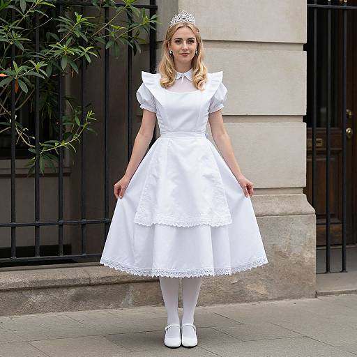 Photograph of a blonde girl in a white, puffed-sleeve, tiered dress with lace trim, white tights, and white shoes