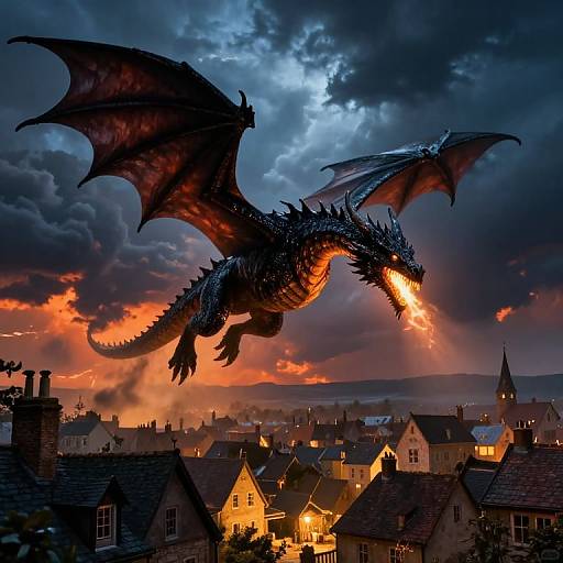 Digital artwork of a fierce, black dragon with glowing orange breath flying over a quaint, illuminated village during a dramatic, fiery sunset.