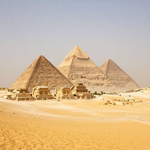 Photograph of three towering, weathered pyramids in Giza, Egypt, with sandy desert foreground and clear blue sky backdrop.