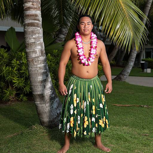 Man in Hawaiian Costume by Palm Tree