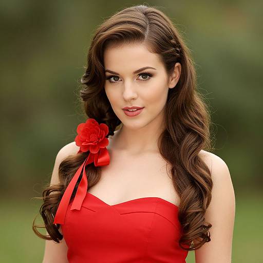 Photograph of a young woman with long, wavy brown hair, wearing a strapless red dress with a red rose and ribbon on her left shoulder