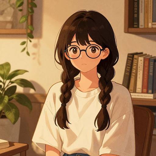 Cozy Anime Girl in Book-filled Room
